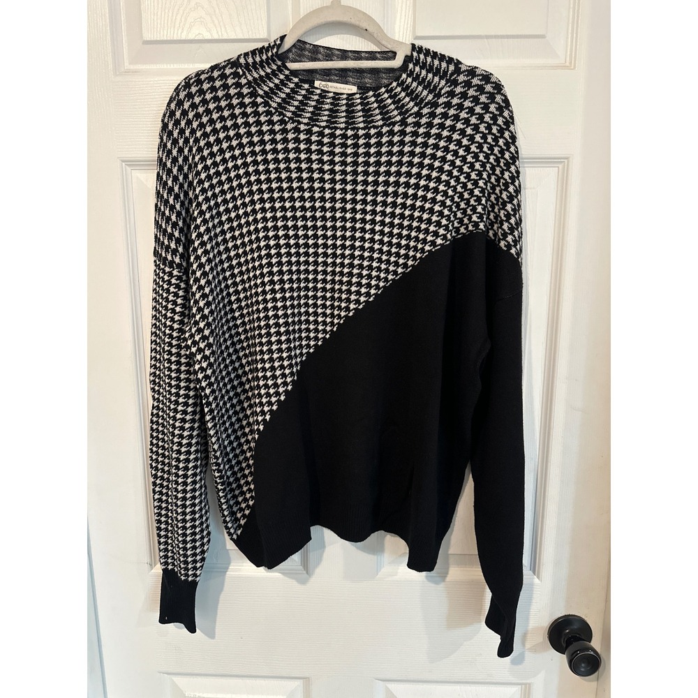 Cato Womens XL Houndstooth Asymmetrical Colorblock Knit Sweater Black White